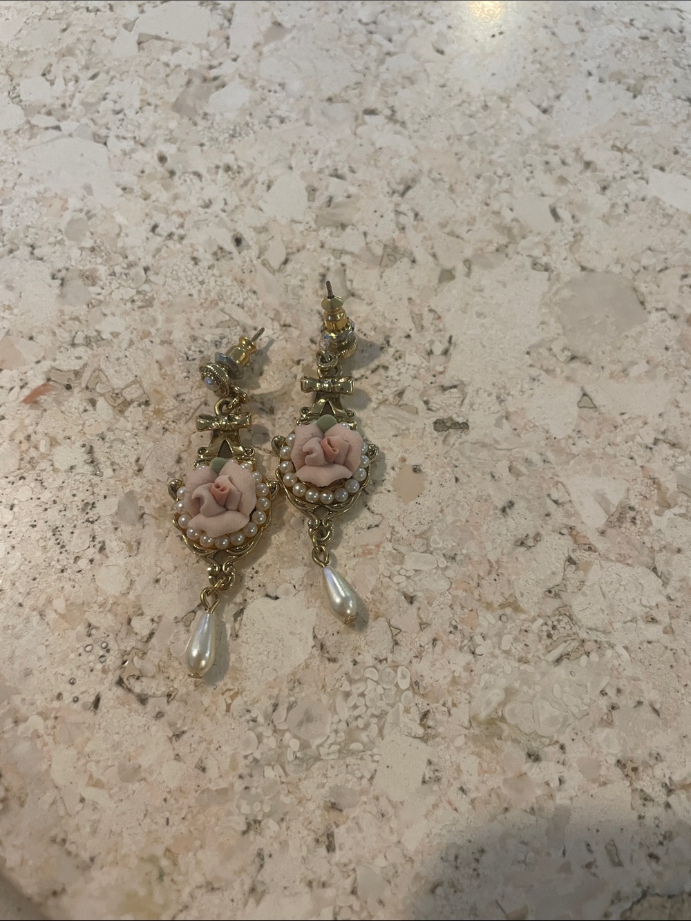Vintage-Inspired Gold Drop Earrings with Pink Rose and Pearls